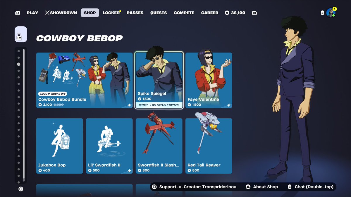 RinoaSnow's tweet image. Cowboy Bebop amd a new wave of STW cosmetics ate now available in the #Fortnite shop 

#fortnite 

fortnite.com/item-shop?crea…