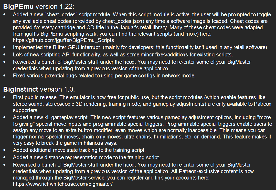 DickWhitehouse's tweet photo. New builds for both BigPEmu and BigInstinct, with BigInstinct getting its first public release! Here's what's new in both. https://t.co/cGxebARyQ5