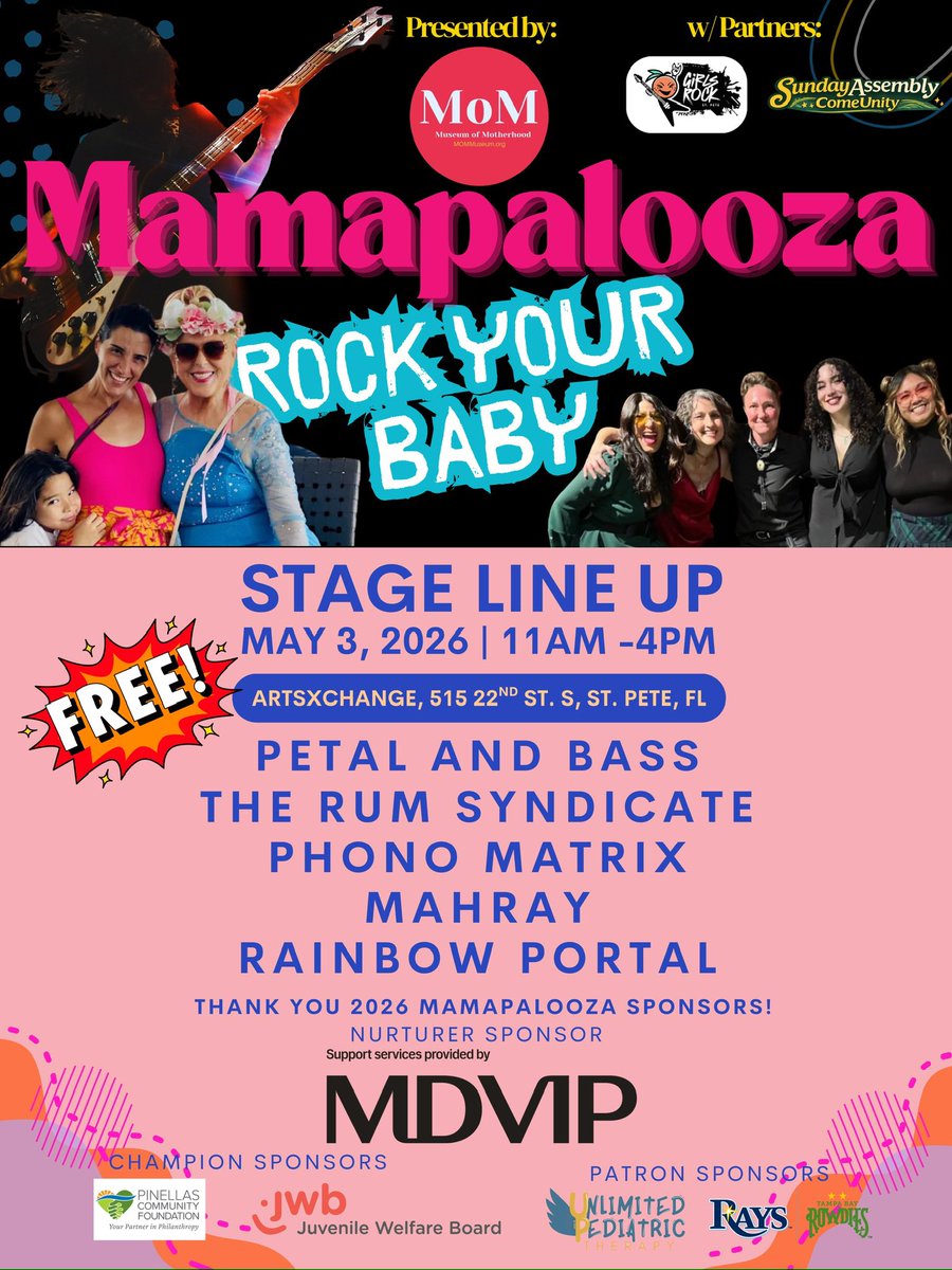 MAMAPALOOZA's tweet photo. MaMaPaLooZa May 3 11-4pm, 2026 in St Petersburg, FL 💞🎸
FREE Community Baby Shower w/ giveaways, full stage, vendors, food trucks, kids activities.

Find out more here:
https://t.co/CF0ZXhbqTH https://t.co/binG7uig7w