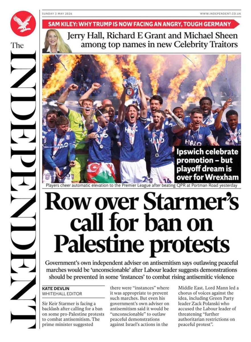 ukpapers's tweet image. 🇬🇧 Row over Starmer's call for ban on Palestine protests

▫The prime minister called on marchers who hear chants of ‘globalise the Intifada’ to stop and ask themselves: ‘Why am I not calling this out?’
▫@_katedevlin
▫is.gd/r2MBDj

#frontpagestoday #digital #UK