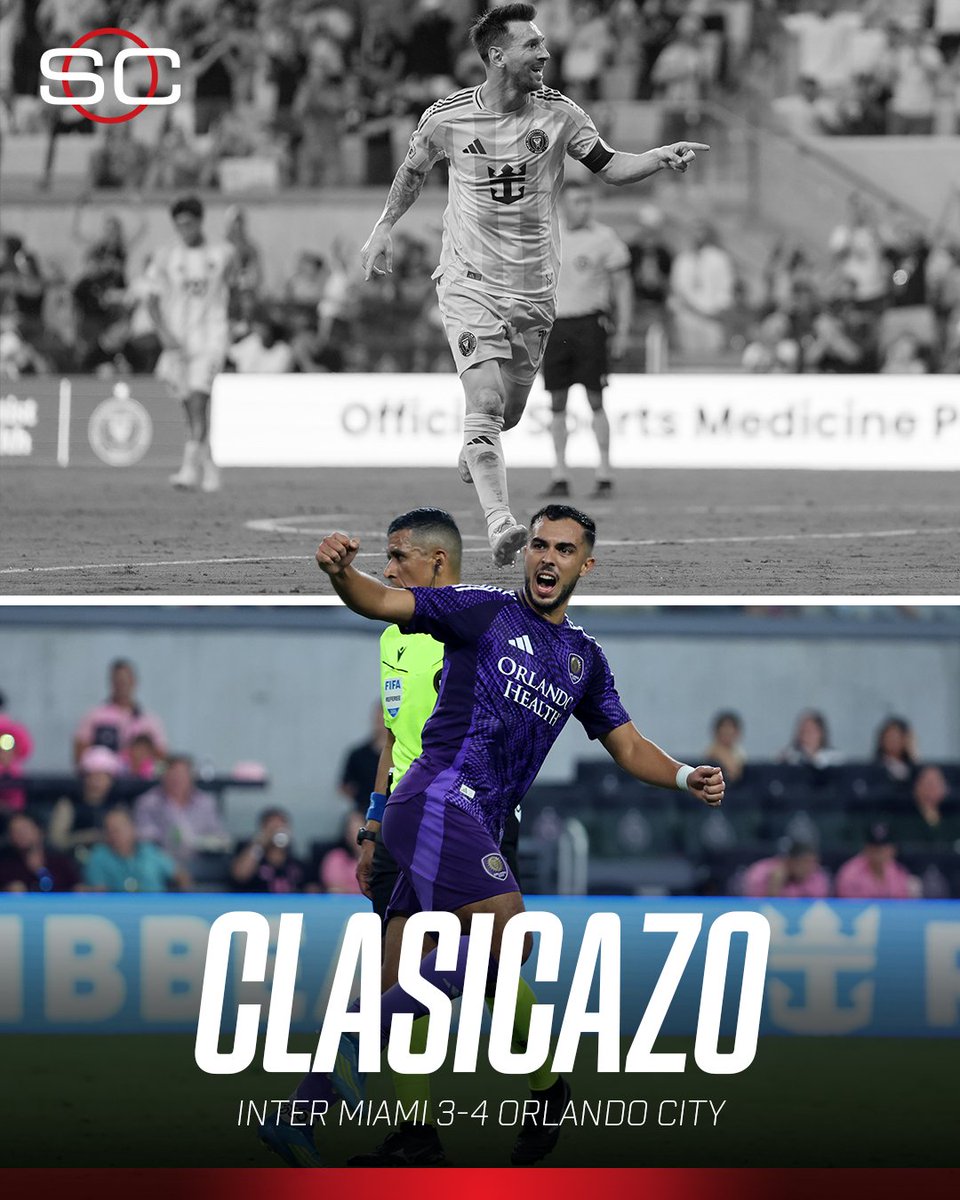 SC_ESPN's tweet image. 🔥 ¡DEL 0-3 AL 4-3 EN UNA REMONTADA ÉPICA!

🇺🇸 Orlando City derrotó de manera agónica Inter Miami como visitante por el Clásico Del Sol de la #MLS

⚽ Fray, 🇻🇪 Segovia y 🇦🇷 Leo Messi. Hat-trick de 🇦🇷 Martín Ojeda y uno de Spicer

🇦🇷 Rodri De Paul y 🇺🇾 Lucho Suárez fueron