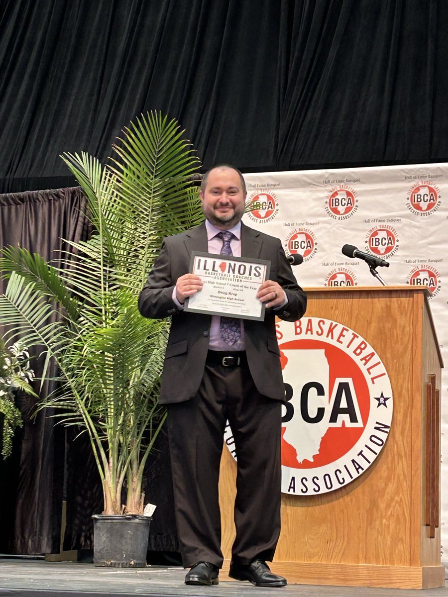 CoachKrop's tweet photo. Very proud to have been selected a @ibcacoaches Coach of the Year! Had a great time at the banquet today representing Wilmington! Definitely a program award and wouldn’t be here without the players and my wonderful family. 
#GoCats #WilmoBasketball https://t.co/3NnY4ieZI6