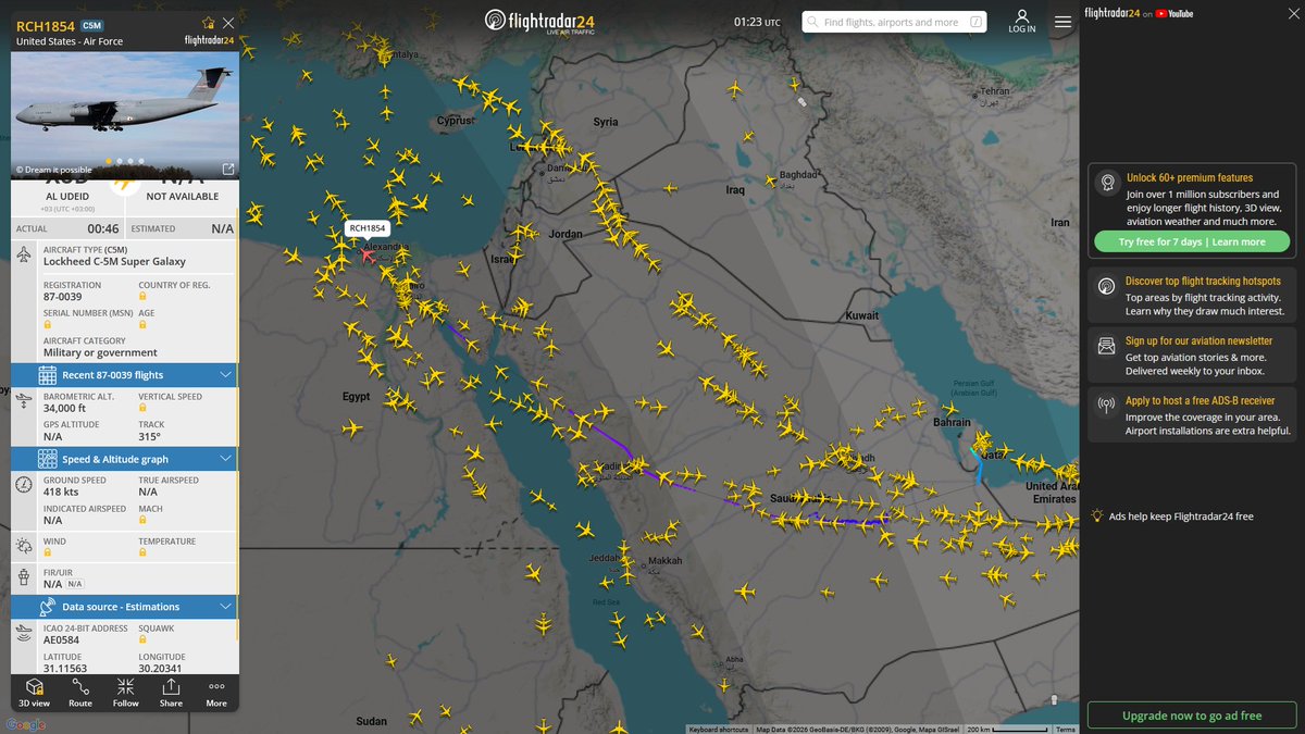 AIYeyENGDdJkjTr's tweet image. May 3, 2026
#Tucson Davis Monthan Air Force Base #Portsmouth ANGB #Spangdahlem Air Base #Al-Udeid Air Base ==&amp;gt;

#RCH1854 #AE0584 USAF C-5M Super Galaxy