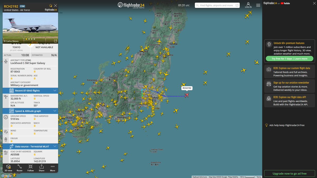 AIYeyENGDdJkjTr's tweet image. May 3, 2026
#Fairfield Travis Air Force Base #Tokyo Yokota Air Base ==&amp;gt; 

#RCH2192 / #RCH2007 #AE0588 USAF C-5M Super Galaxy