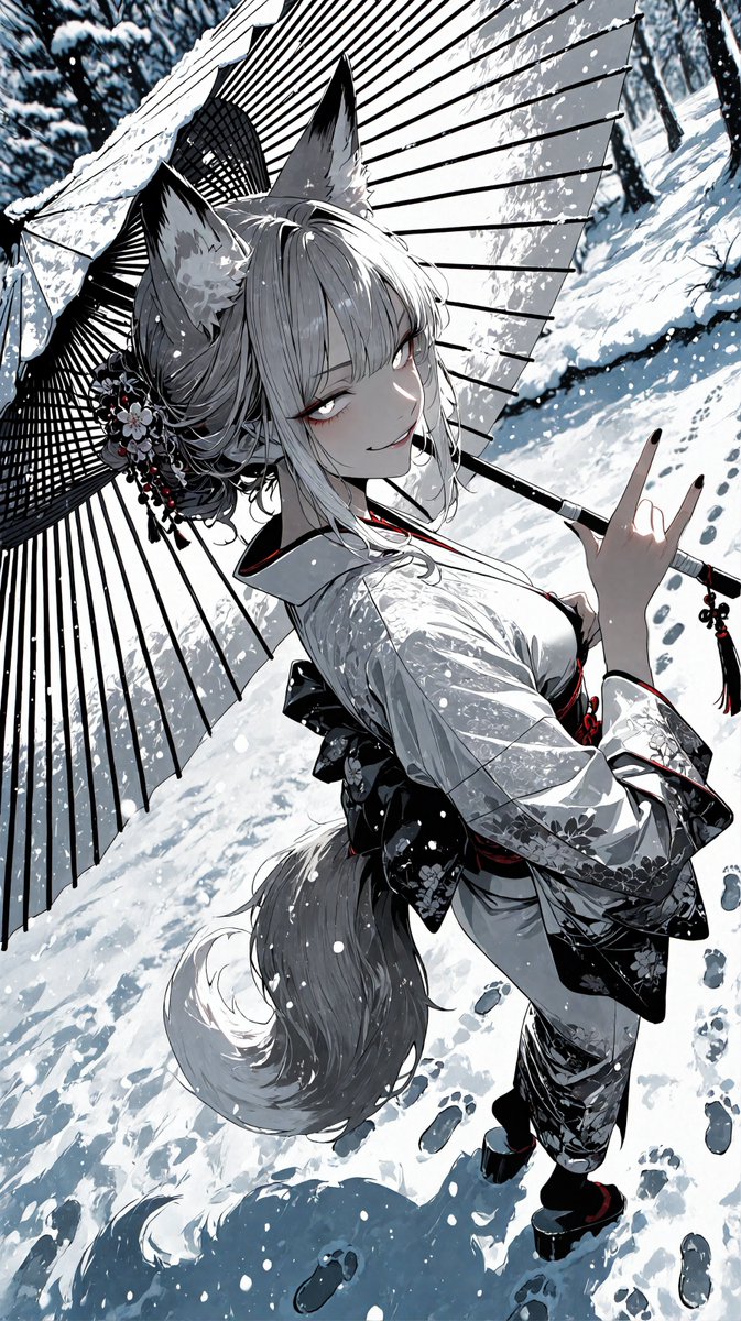 No.678｜雪明かりに振り向く白狐の和装少女
黒い和傘と赤い飾りが、白銀の雪景色をきゅっと締めた一枚