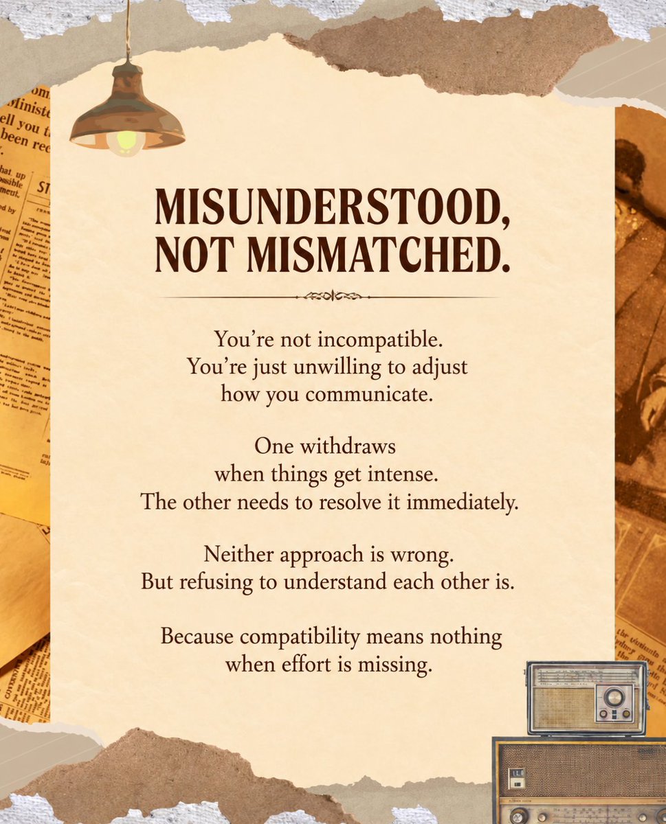 psychestill's tweet photo. Most relationships don’t fail because of incompatibility… they fail because two people stay stuck in their own patterns.

One shuts down.
The other pushes harder.

And instead of meeting halfway, they keep proving each other wrong.

Love isn’t just about understanding…it’s about adjusting.

If you can’t bend, you break what could’ve worked.