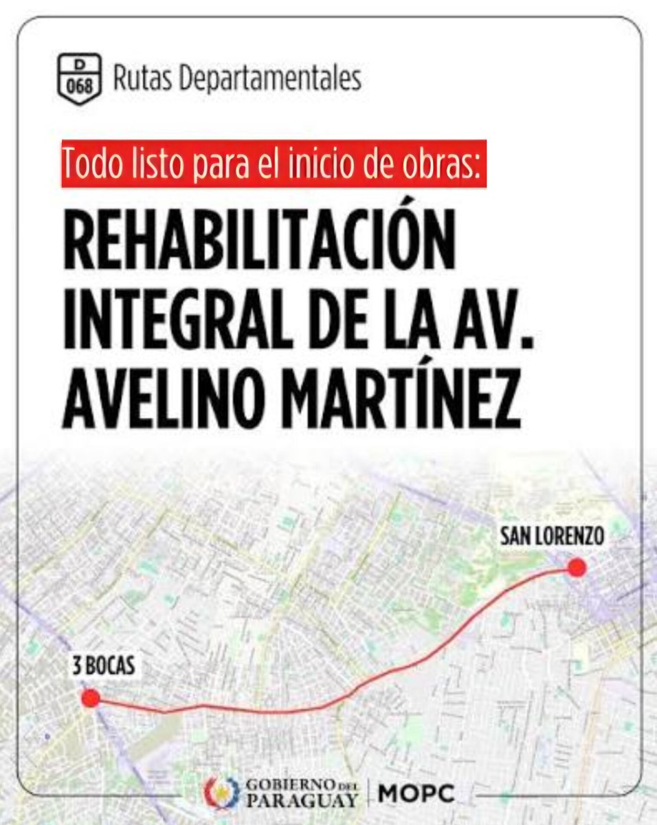 mopcparaguay's tweet photo. 🚧 ¡Inicio de obras! El mejoramiento y rehabilitación de Avelino Martínez comenzará este lunes 4 de mayo con los siguientes trabajos:
🔸️Limpieza de canales
🔸Colocación de cartelería
🔸Bacheo de calles alternativas
🔸Marcación del terreno
🔸Movilización de maquinarias pesadas https://t.co/CbirYRdh3a