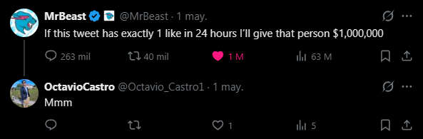 Octavio_Castro1's tweet photo. @MrBeast https://t.co/V6vJXuDhln
