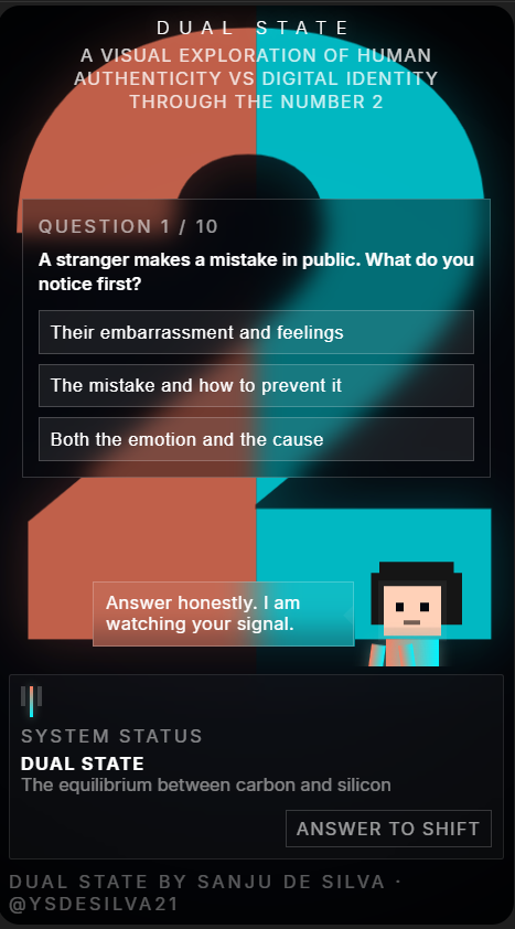 ysdesilva21's tweet image. Built something for Google I/O 👀

Your choices shift a living “2” between:
human emotion ↔ digital logic

Try it:
aistudio.google.com/apps/425b68b6-…

#GoogleIO #CreativeCoding