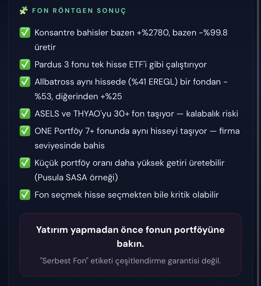 bistscanner's tweet image. 12/🧩 BIST Fon Röntgeni Özeti
✅ Konsantre bahisler bazen +%2780, bazen -%99.8 üretir
✅ Pardus 3 fonu tek hisse ETF’i gibi çalıştırıyor
✅ Allbatross aynı hissede bir fondan -%53, diğerinden +%25
✅ #ASELS ve #THYAO’yu 30+ fon taşıyor — kalabalık riski
✅ ONE 7+ fonunda aynı