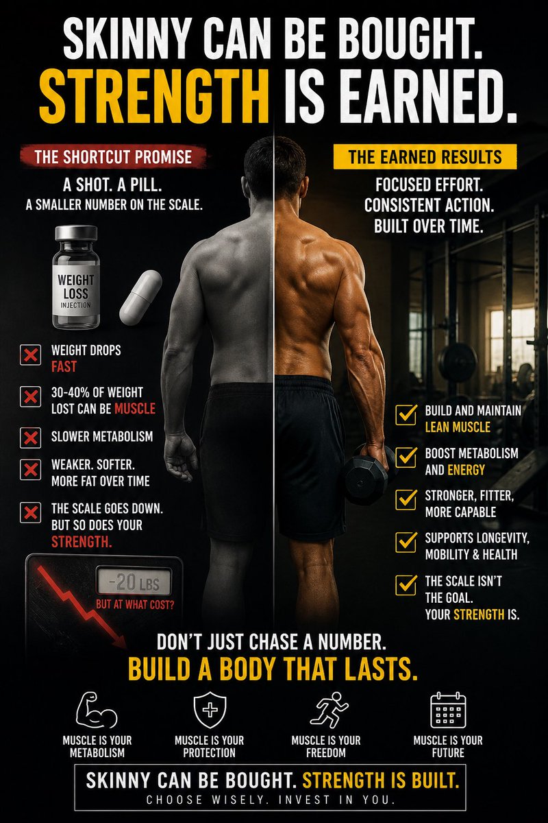 alexandercurtis's tweet photo. We’re living in a time where you can buy “skinny.” A shot. A pill. A shortcut that moves the number on the scale.

But strength? Longevity? That can’t be purchased. That’s earned—rep by rep, day by day, year over year.

Here’s the part no one talks about… when weight drops fast, a big chunk of it can be muscle. Sometimes 30–40%. And losing muscle is the exact opposite of what you want if your goal is to be strong, capable, and actually healthy long term.

The scale going down doesn’t always mean you’re winning.
Weak, lighter isn’t better than strong, capable, and resilient.

If you want real results—protect your muscle. Build it. Keep it.
Because muscle is your metabolism, your strength, your independence as you age.

Skinny can be bought.
Strong is built.

#StrengthOverSkinny #BuildMuscle #Longevity #FitnessTruth #NoShortcuts #Alex2.0