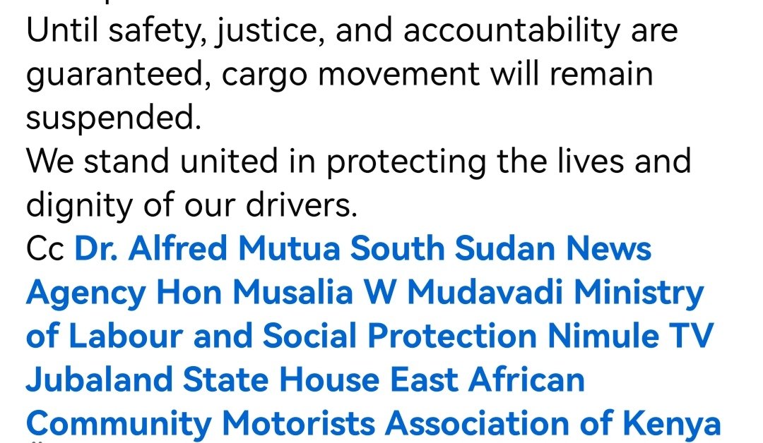 PatrickHeinisc1's tweet image. #Kenya's Long-Distance Drivers and Conductors Association announces that cargo movement to #South_Sudan will remain suspended. "We deeply regret to report that this morning, 10 Kenyan drivers were detained in Yirol,...