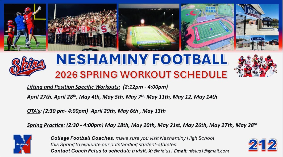 nfelus1's tweet photo. Neshaminy Spring Recruiting and Workout Schedule 2026. College coaches, we would love to have you stop by to evaluate our outstanding student-athletes. DM me for information &amp; to schedule a visit, Looking forward to seeing many great coaches this spring 🏈 Go Skins! #212 https://t.co/kbS8lq9lB1