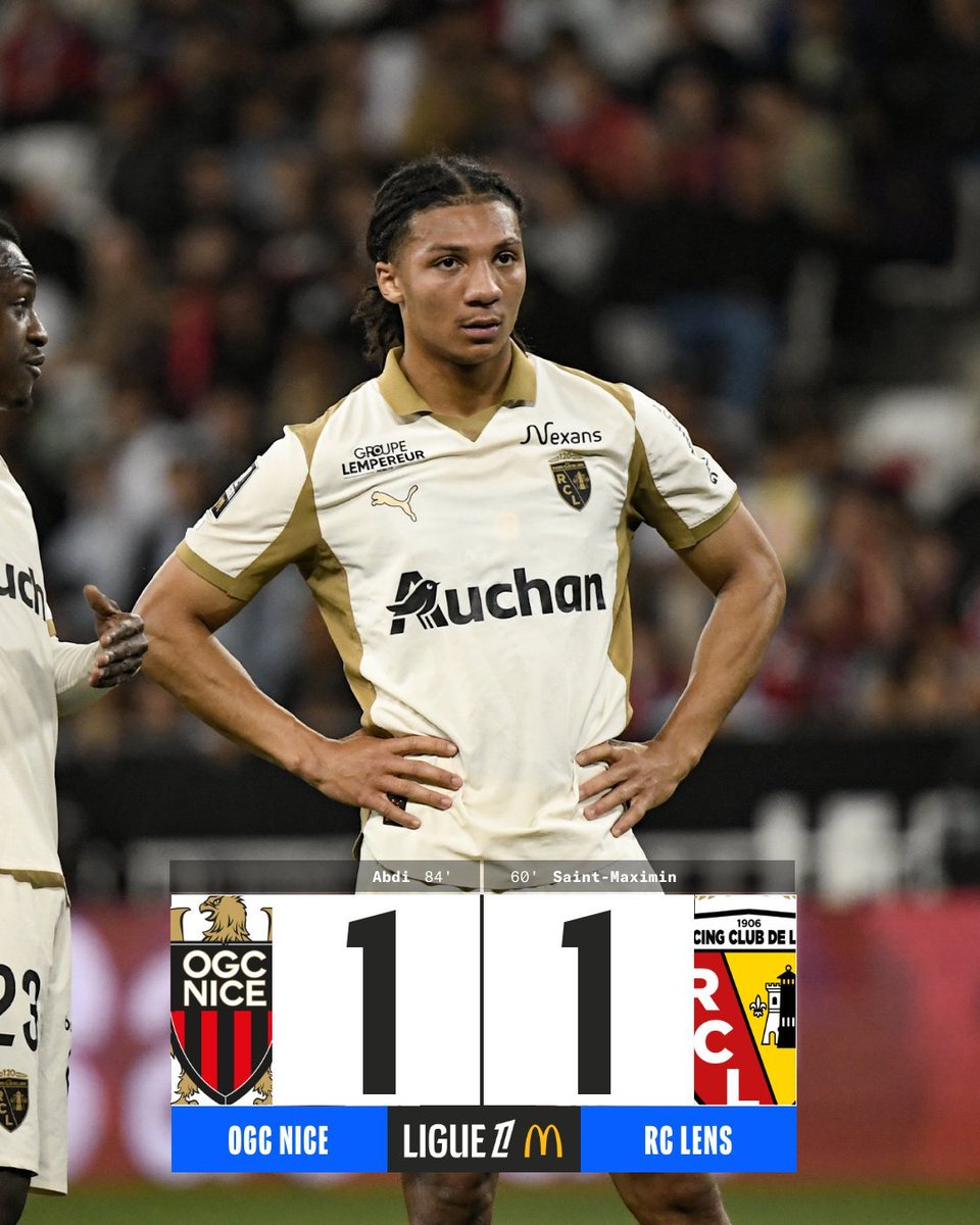GilbertoDesilos's tweet image. 🇫🇷 #Ligue1 J32 | NIZA 1 - 1 LENS
⚽️ Abdi
⚽️ Saint-Maximin
El Lens no aprovecho el empate del PSG y ellos empataron ante el Niza por 1 - 1 en el Allianz Rivera para que la diferencia sea solamente de 6 puntos 
1. PSG - 70pts 
2. Lens - 64pts 
#OGCNRCL