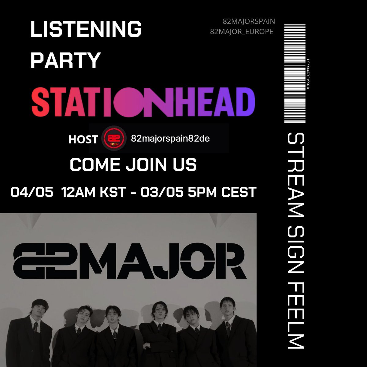 82MAJOR_EUROPE's tweet image. Listening Party on @STATIONHEAD for #82MAJOR Streaming #Sign #FEELM 

🗓 04.05, 12AM KST - 03.05, 5PM  CEST 

Join if you have a SPOTIFY or APPLE MUSIC premium account

Join the Listening Party 
stationhead.com/82majorspain82…
@82MAJOR_231011
