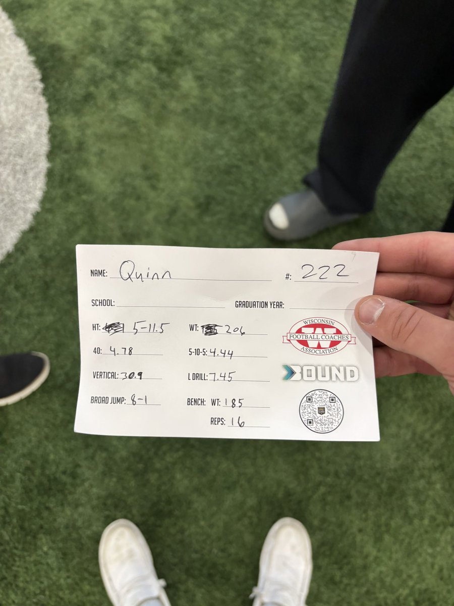 Quinn120189's tweet photo. Had a great time competing @wifca combine today! C/O 2027 QB‼️Here are my numbers from today! @ryanrbing @CoachPenzelUG @cxclapper80 @RJ_FFandF @Coach_DBones @Svendsen94 @TravisBOUND @MJ_NFLDraft https://t.co/FHBeTE2H7V