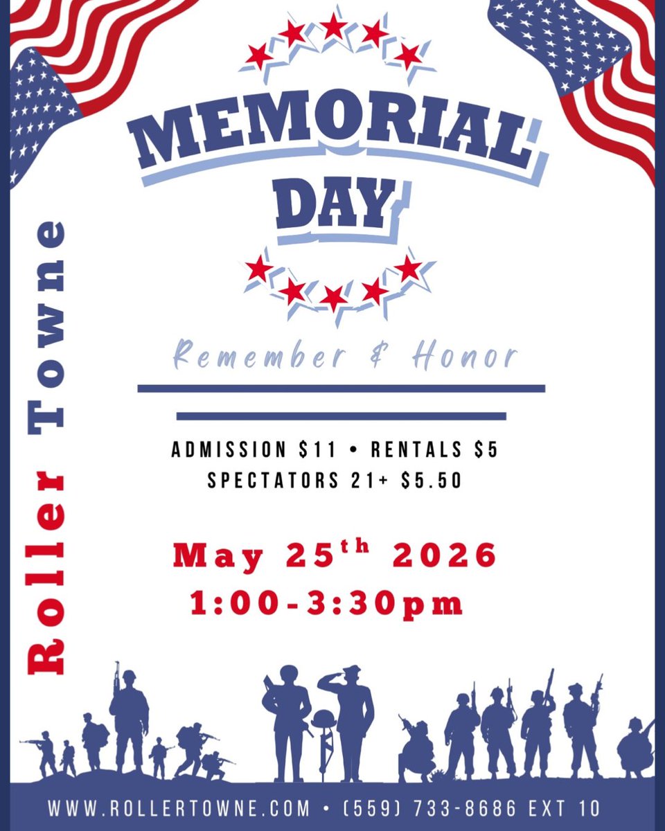 RollerTowne's tweet image. 🇺🇸🛼 Memorial Day vibes at Roller Towne!

Join us May 25th from 1:00–3:30 PM for skating, music, and nonstop fun 🎶🔥

Grab your crew and roll with us—let’s make it a day to remember!

#MemorialDay #RollerTowne #RollWithUs #SkateLife #FamilyFun #GoodVibes
