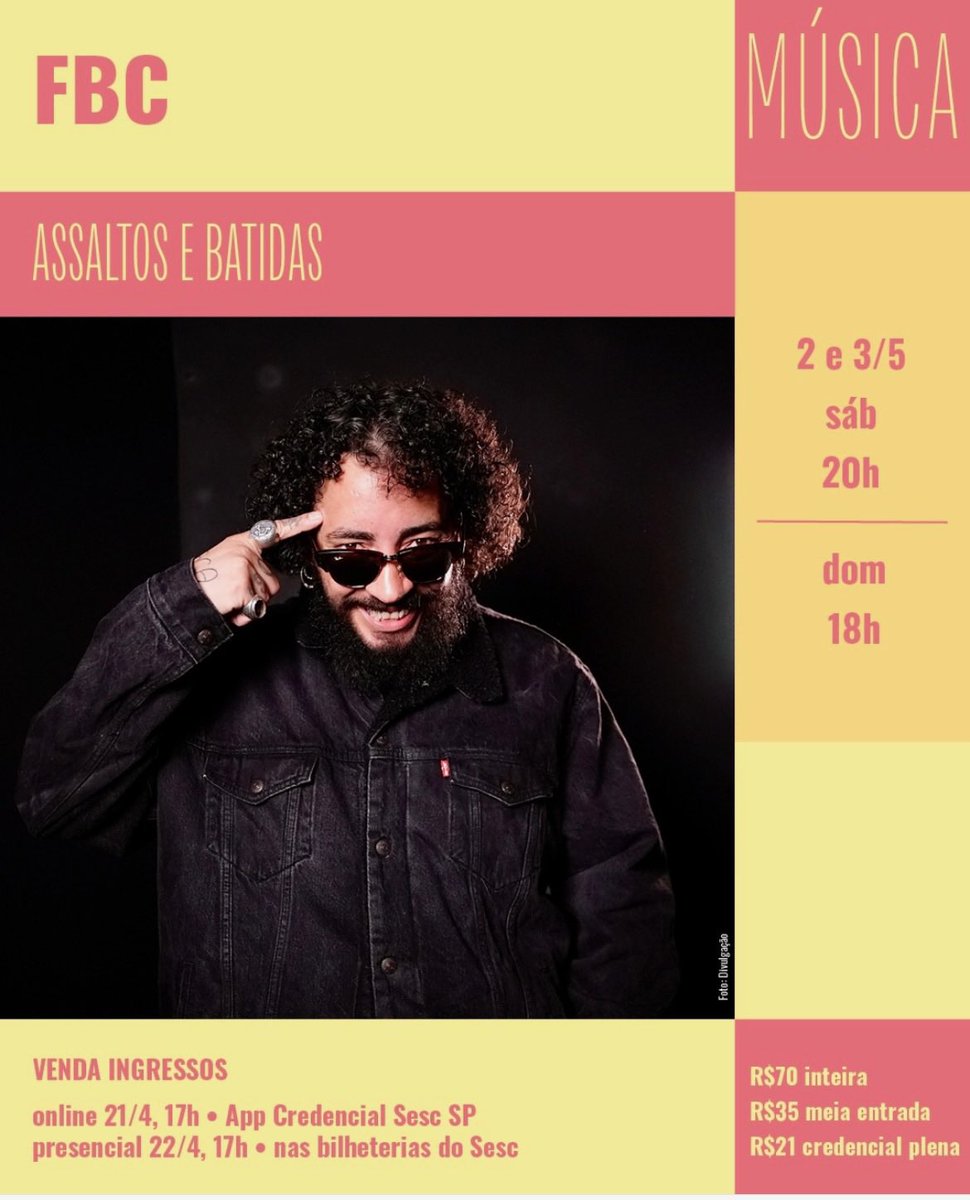 AcessoCodigo's tweet image. Agenda 
Hoje e amanhã 02 e 03 de Abril tem @fbctadoido com “Assaltos e Batidas” no @sescguarulhos 

#agenda
#fbc
#sescguarulhos