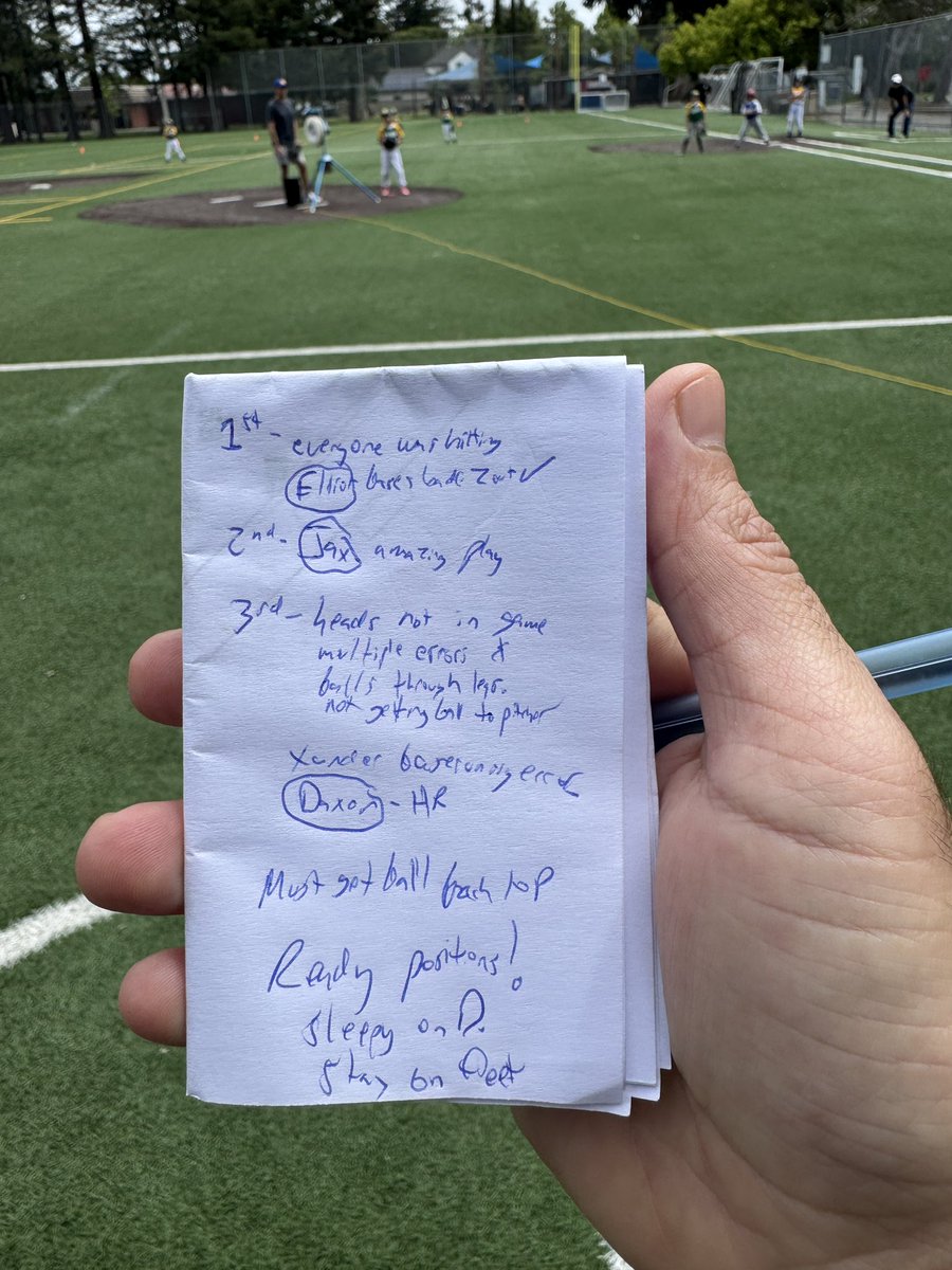 CoachDavidKlein's tweet image. 2 pieces of paper folded over and a pen. 

In game note taking system which helps remember teachable moments and great performances for post game talks and next practice. #baseball #littleleague