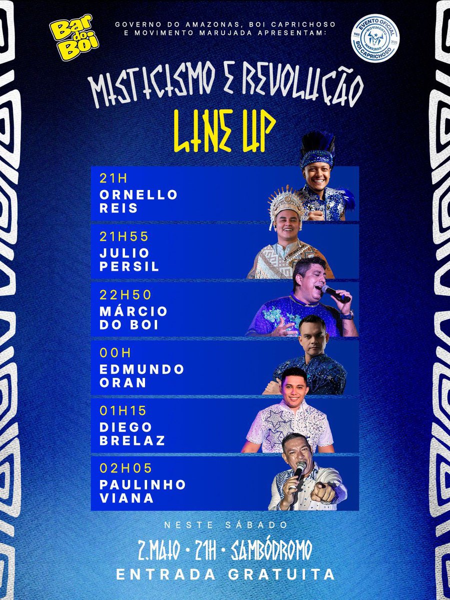 Estão prontos para o Bar do Boi “Misticismo e revolução”? preparamos um repertório recheado de sucessos que vão fazer a nação azul e branca transcender na mágica noite em que juntamos os maiores pajés do festival 🔥🌿🪇

Vem reviver os rituais e lendas do nosso Boi Caprichoso