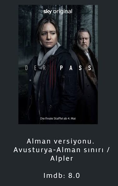 Almanlar,  Suç/Polisiye/Gerilim türünde iyi iş çıkarıyorlar. 
Der Pass onlardan biri , gayet başarılı👍IMDb puanını hak ediyor.

“Der Pass (Pagan Peak) dizisi, 2018–2023 yılları arasında yayınlanan ve IMDb'de oldukça yüksek bir puan alan (genel olarak 8.0/10 civarı)