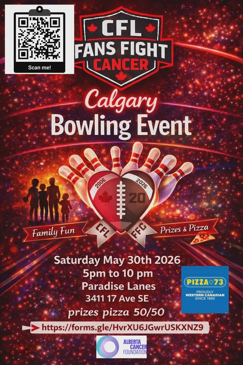 mattmcqueen's tweet image. Less than a month away! Tickets are $30. Get em now and lets have a fun night of bowling, pizza, and fundraising for the Alberta Cancer Foundation.  🙂🍕🏈🎗 #CFL #YYC
docs.google.com/forms/d/e/1FAI…