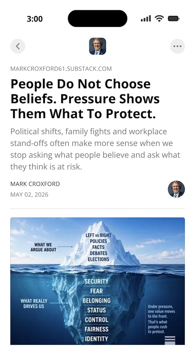 MarkCroxford's tweet image. People rarely choose beliefs from scratch.
Pressure moves one value to the front.
Security. Fairness. Status. Control. Belonging.
Miss what people think is at risk, and you miss the real argument. #belief #values #fear
👇🏻 Full piece below if you want context.