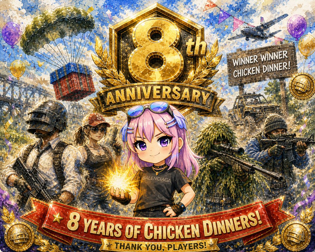 PUBGMOBILEも8周年か！！
おめでとうございます🎊

チャッピー君ほんまにすごいと思うけど、
何よりも個性が無さすぎてやっぱり手書きで描ける絵師さんはすごいと実感したので寝ます😴