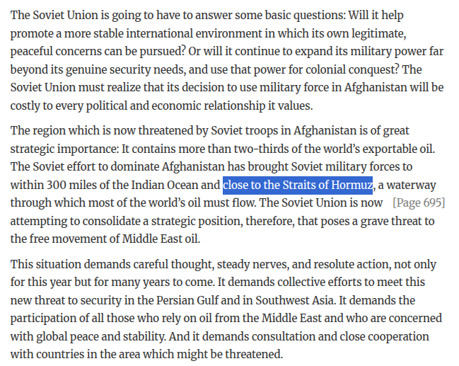 TonyClimate's tweet image. President Carter believed that the Soviets invaded Afghanistan in order to control the Strait of Hormuz

history.state.gov/historicaldocu…