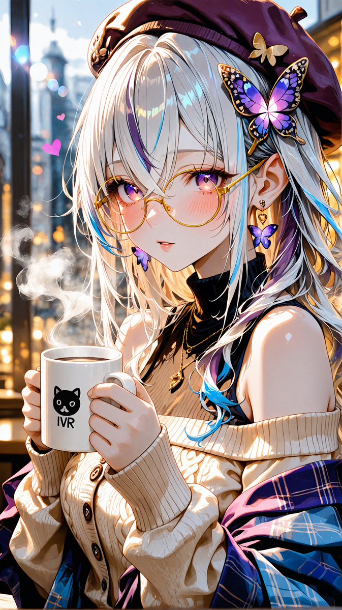 No.674｜窓辺でマグカップを抱えた白髪の少女
蝶のアクセと夕方のカフェ光が、やわらかく色を重ねる一枚