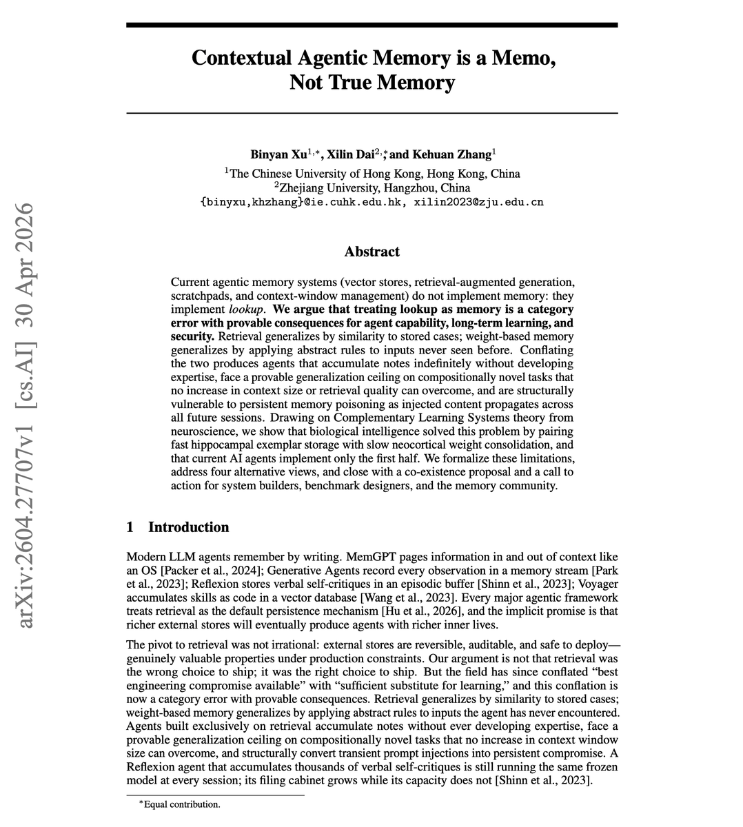 Paper title page: Contextual Agentic Memory is a Memo, Not True Memory by Binyan Xu, Xilin Dai, and Kehuan Zhang