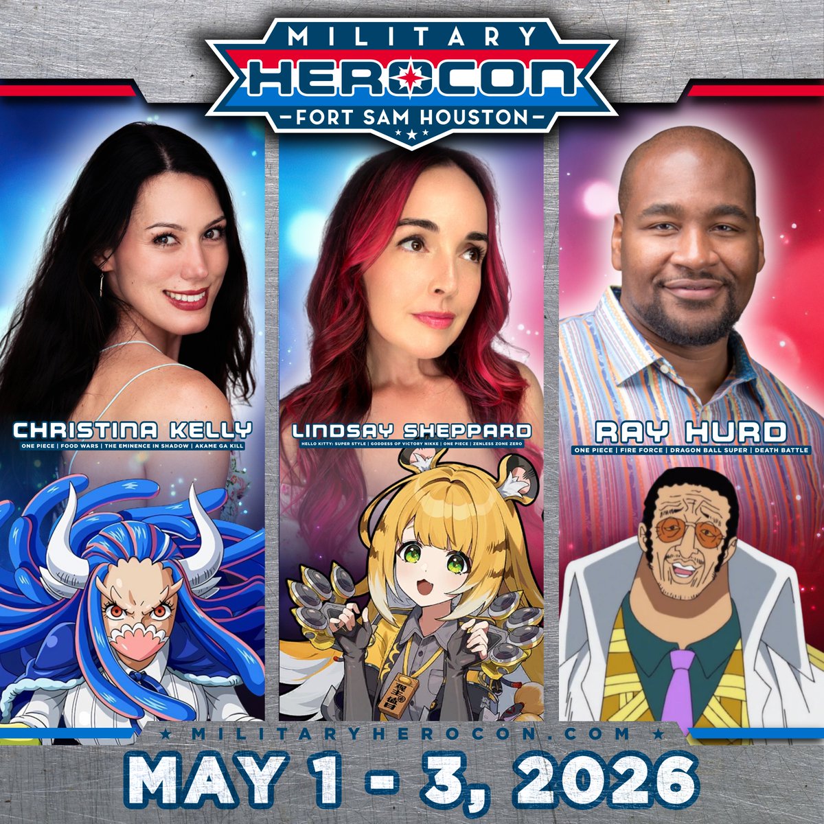 MilitaryHeroCon's tweet photo. Last day of #MilitaryHeroCon & @ChristinaMarieK, @RayHurdVoice_VO, & @LSheppardVO are all here at #FortSamHouston for the final stretch of the weekend! We open at 10AM today, so we hope to see you there! #OnePiece #ZenlessZoneZero #AkameGaKill https://t.co/4y8D6EwKaN