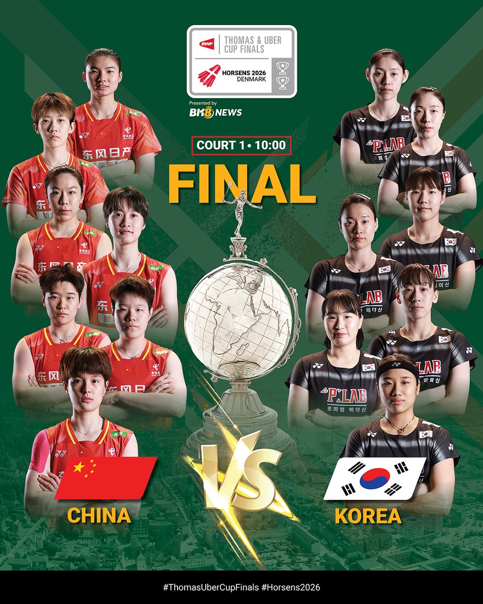 bwfmedia's tweet photo. The #UberCup trophy goes to ๐จ๐ณ or ๐ฐ๐ท? ๐
Follow live updates ๐ https://t.co/oouqhBRGN3
#ThomasUberCupFinals #Horsens2026 https://t.co/ahZn5ipTqg