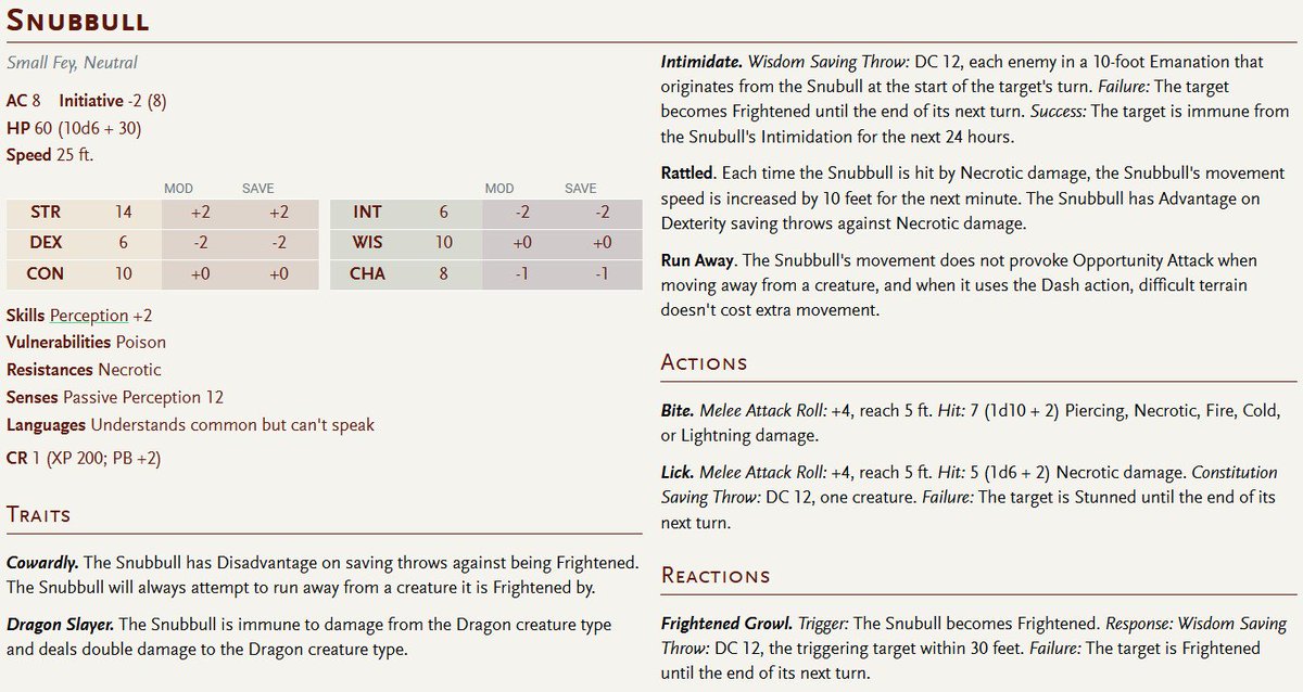 GreyAres0's tweet photo. #DnD #5e stat block of #Pokémon: Snubbull and Granbull https://t.co/WONAg7t6kU