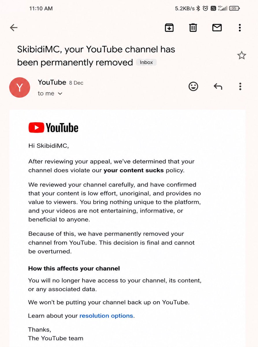 KodyBodGaming's tweet photo. WTF @TeamYouTube @YouTubeCreators @YouTube @YouTubeGaming @nealmohan since when is this a email from y’all I lost my three year-old Minecraft channel. I do let’s play SMP server reviews and so forth. This email was definitely made by a human. This isn’t a normal YouTube email 😡 https://t.co/R4JZo7zNay