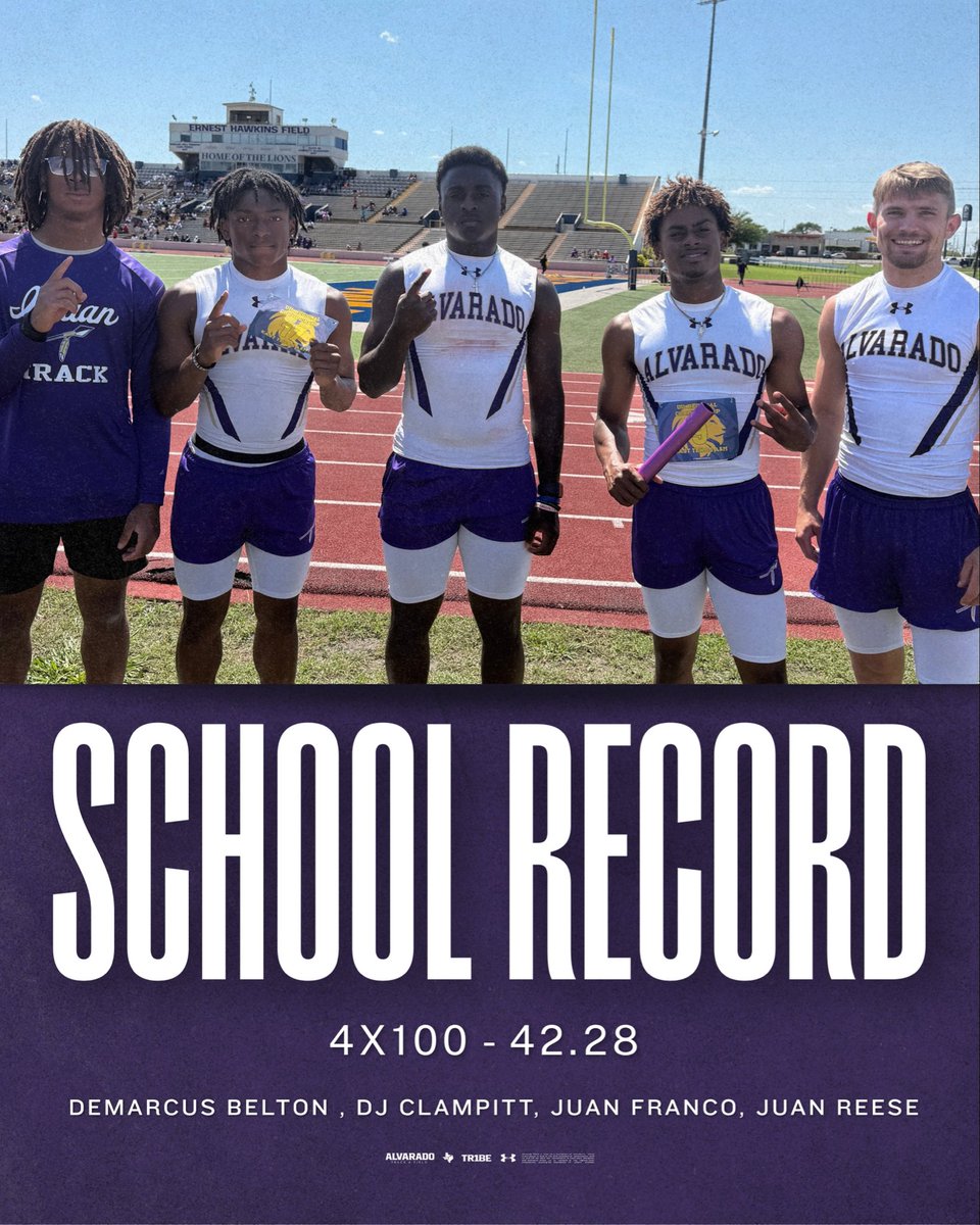 AlvaradoSports1's tweet photo. ‼️ SCHOOL RECORD ‼️

Our 4x100 relay team broke a school record with a 42.28 time today! Congratulations on rewriting history boys!

#TR1BE #AlvaradoExcellence https://t.co/xsgty26aEI
