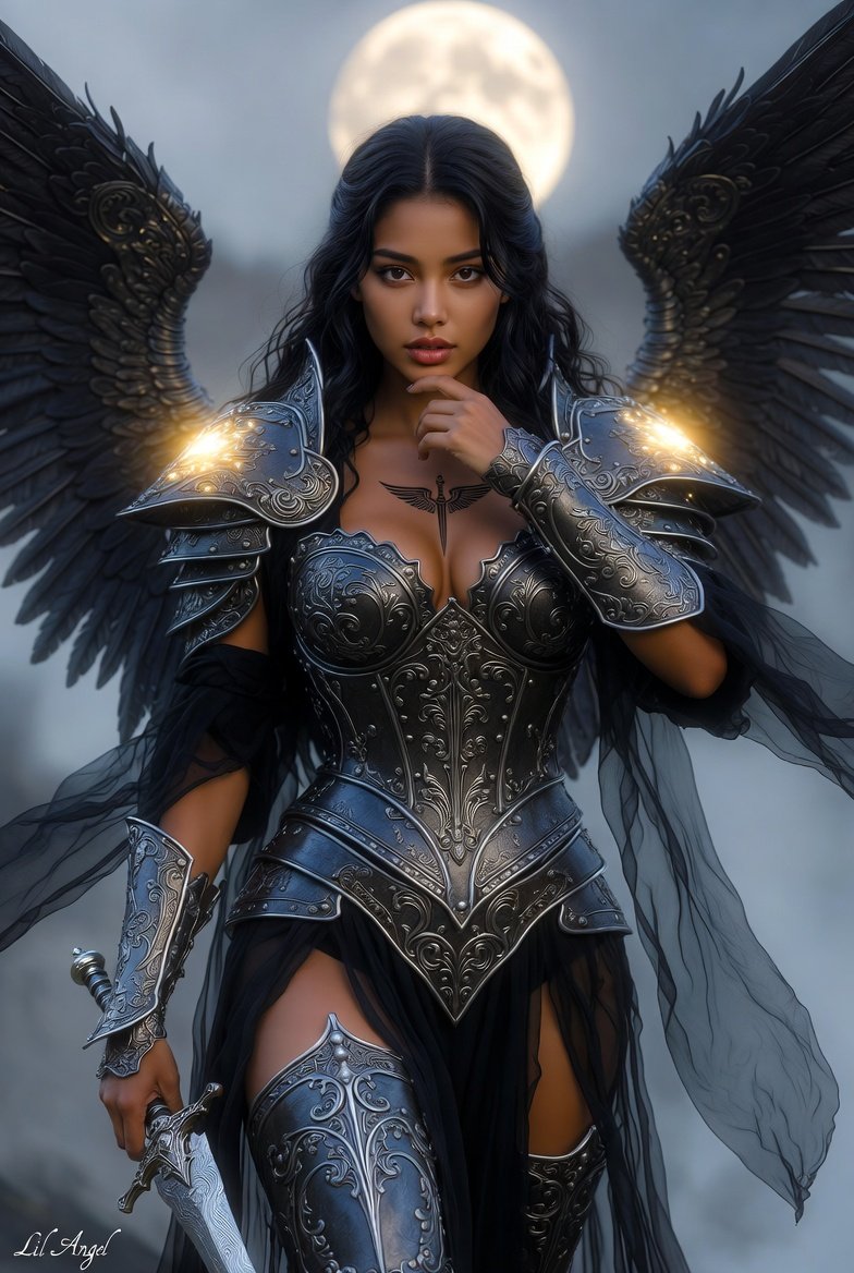 CLAngelillo's tweet image. 🌕✨ Under the blood moon, the fallen angel rises. Armor forged in shadows, wings carved from midnight, and a blade that sings of forgotten wars.  

Who dares challenge the night?  

#DarkFantasy #WarriorAngel #LilAngelArt