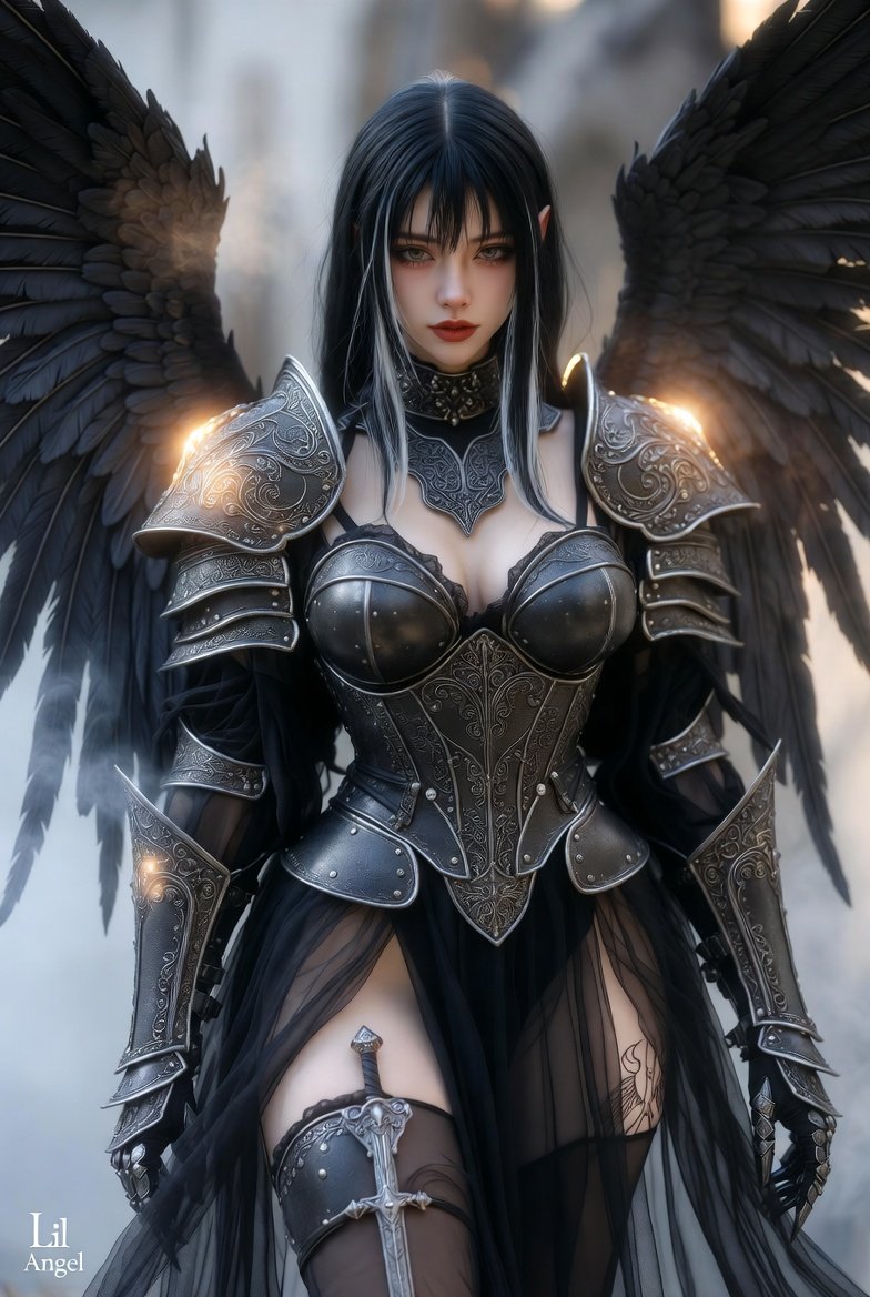 CLAngelillo's tweet image. 🖤 She walks between realms — half fallen, half eternal. Silver strands woven through midnight hair, eyes that have seen heaven burn, and armor that remembers every war she’s won.  

Don’t mistake her silence for mercy.  

#FallenAngel #DarkFantasy #LilAngelArt ✨