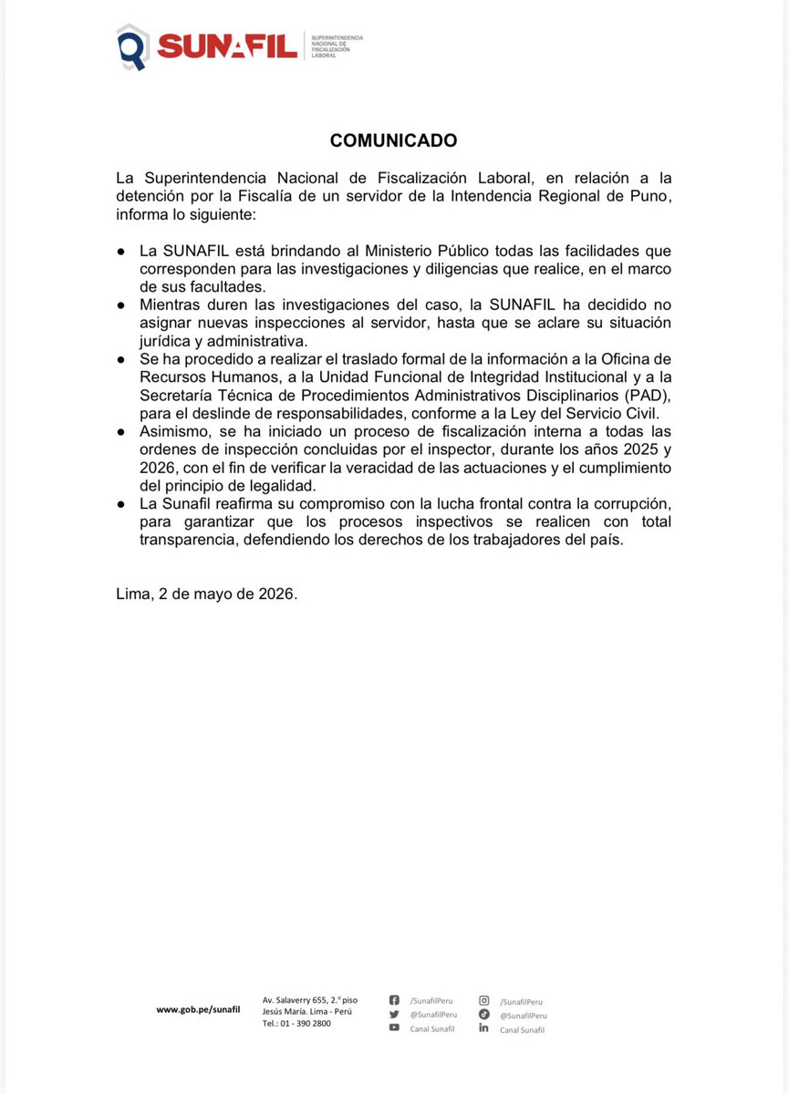 SunafilPeru's tweet photo. ✅ Ante los hechos ocurridos en la Intendencia Regional de Puno, la Sunafil pone en conocimiento de la opinión pública lo siguiente: https://t.co/jpltvUQQfl