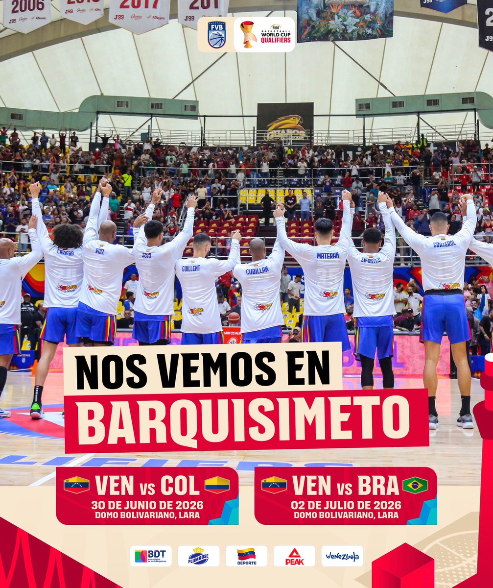 Barquisimeto, casa de nuestra selección 🏀. El camino a Qatar 2027 pasa por el Domo Bolivariano.

📆 30 de junio | 🇻🇪🆚🇨🇴

📆 02 de julio | 🇻🇪🆚🇧🇷

Muy pronto: horarios y detalles de la boletería.