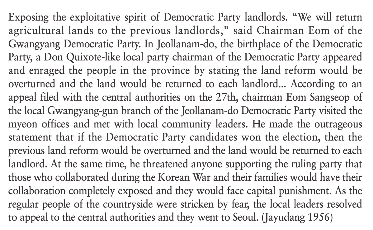 lib_chunghee's tweet photo. Land reform in early South Korea helped cement the Rhee Syngman administration's power base of rural anti-communist farmers.

They would use the pro-reform conservative opposition's anti-land reform/pro-landlord policies as a potent weapon against them during the 1956 election. https://t.co/JAkdJS910p