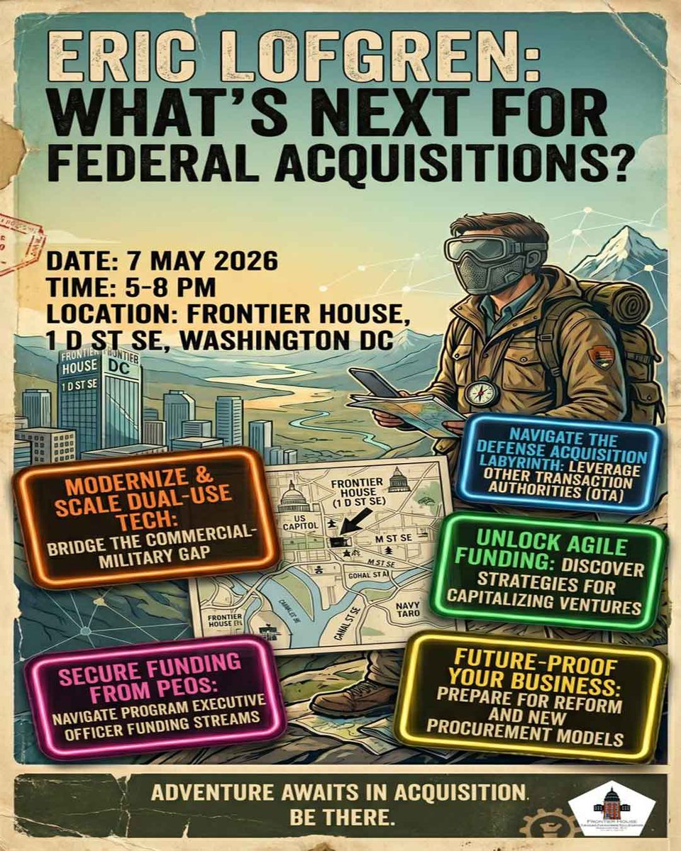 FrontierHouseDC's tweet photo. What's the best way to tell the future? By shaping it, of course. 

Come for a great evening on 7 May for an evening Salon with Eric Lofgren. Talk about someone who has been on the forefront of all the changes happening today regarding Federal Acquisitions!

You want to talk #MOSA? Eric was part of the small group of folks who brought that conversation to Congress. You want to talk about evolving the #FAR? He's been there. 

Eric has laid the groundwork to where we are going with procurement and acquisitions, and you have the chance to be there too!

RSVP here: 
https://t.co/P5OmUYB6mw

𝐓𝐡𝐢𝐬 𝐢𝐬 𝐚 𝐩𝐫𝐢𝐯𝐚𝐭𝐞 𝐞𝐯𝐞𝐧𝐭. 𝐑𝐒𝐕𝐏 𝐢𝐬 𝐫𝐞𝐪����𝐢𝐫𝐞𝐝 𝐟𝐨𝐫 𝐞𝐧𝐭𝐫𝐲

#DefenseInnovation #NationalSecurity #GovCon #AcquisitionReform #DualUseTech #DefenseTech #FrontierHouseDC #SmallBiz #VentureCapital #GovTech #PentagonReform #Innovation #DefenseIndustry