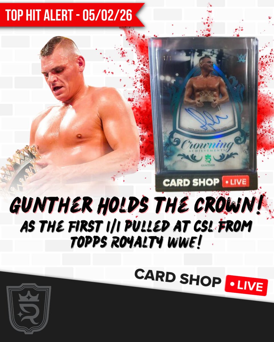 cardshoplive's tweet photo. HIT ALERT! ๐จ
The First 1/1 to pass by CSL is GUNTHER!
... or how our Breaker Tex Likes to call him GUNTHDAAA!
This was Ripping live on whatnot last night with Brando on Cardshoplive_breaks!
#topps #wwecards #wrestlingcards #gunther #wrestling #toppsroyalty https://t.co/T3QKCUQoap