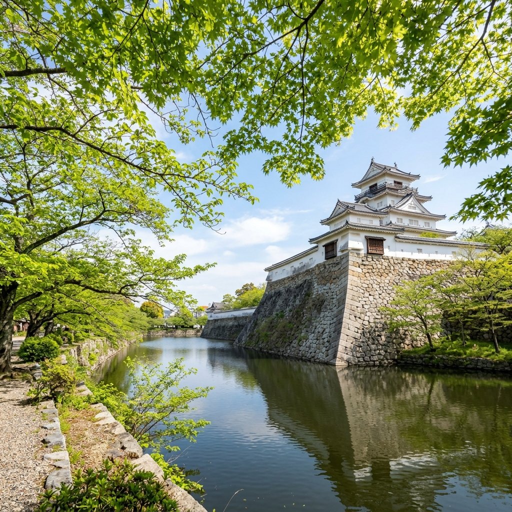 dfl_inc_jp's tweet photo. AI image generation
#Nano Banana 2 #masterpiece #realistic photo #landscape #Castle moat embankment #young leaves overhead #white plaster wall #angled stone rampart #bright seasonal clarity https://t.co/CNwcTkQQno