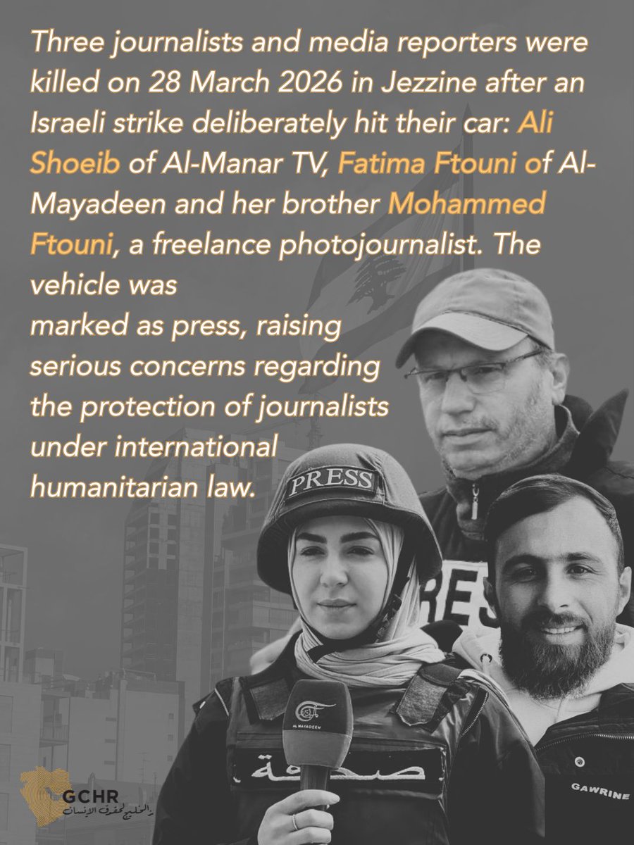 GulfCentre4HR's tweet image. On #WorldPressFreedomDay we remember the 8 journalists killed by #Israeli strikes in #Lebanon in 2026 with total impunity 
@UNESCOBEIRUT @CPJMENA @RSF_en @IFJGlobal @IFEX @globalfreemedia @UNESCO @SK_Eyes @Daraj_media @DAWNmenaorg @CIVICUSalliance @fidh_en
gc4hr.org/8-journalists-…
