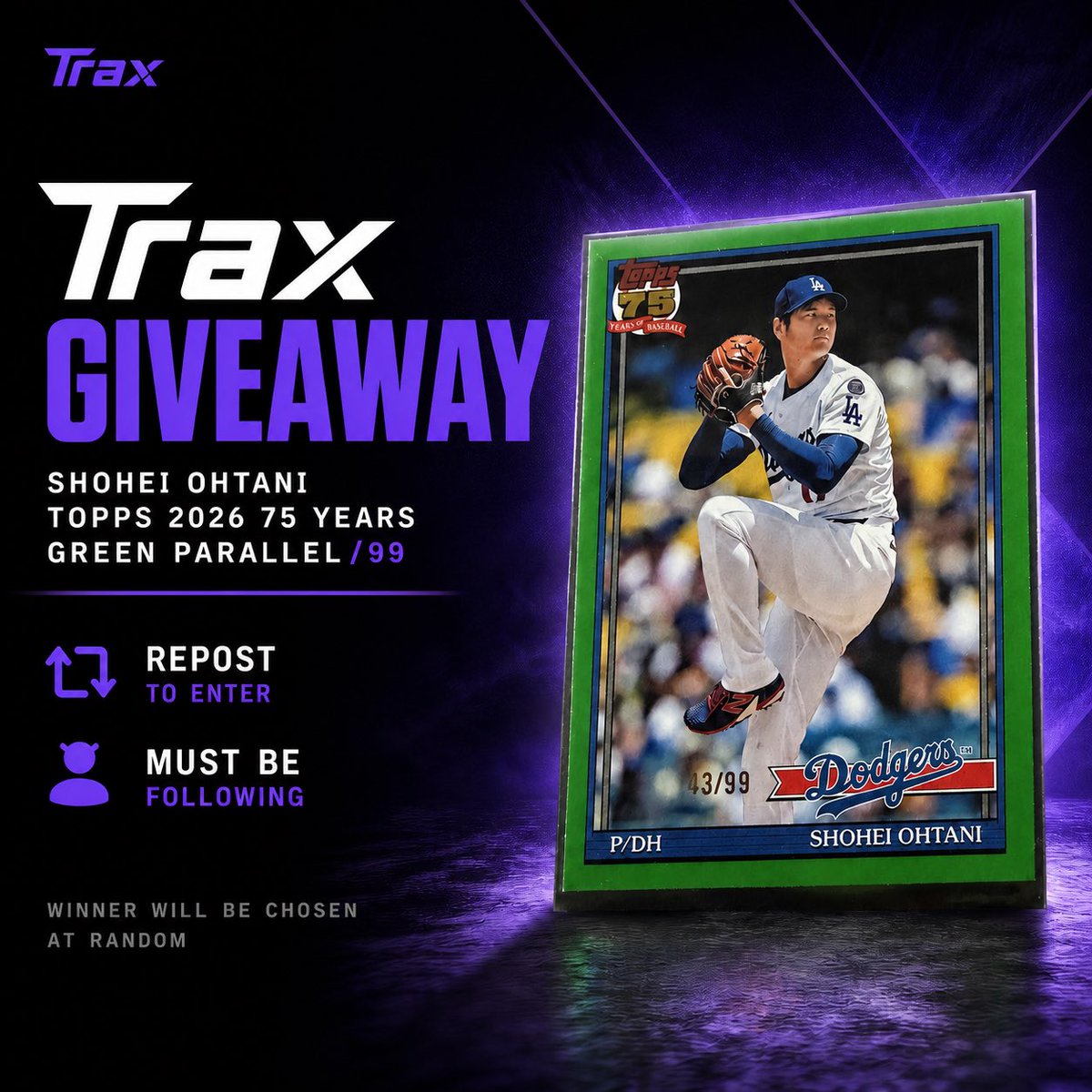 TraxMarketplace's tweet photo. 🚨 Giveaway Alert 🚨

Trax Marketplace launches in 30 days! 

To celebrate, we are selecting 1 winner as the recipient of this gorgeous Shohei Ohtani Topps 75th Anniversary /99!

Winner will be selected at random 
Sunday (5/3) at 6 PM. Repost to enter. 

Must be following! https://t.co/uPw5ndwA4g