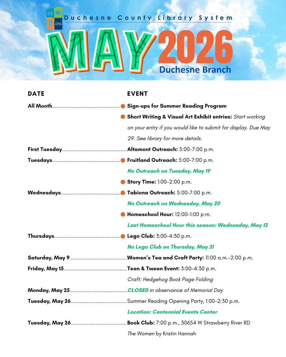 DuchesneLibrary's tweet photo. Duchesne Branch Library Summer Reading Program sign-ups are now live! Also: a look at May events. https://t.co/NMOhzi7SYo