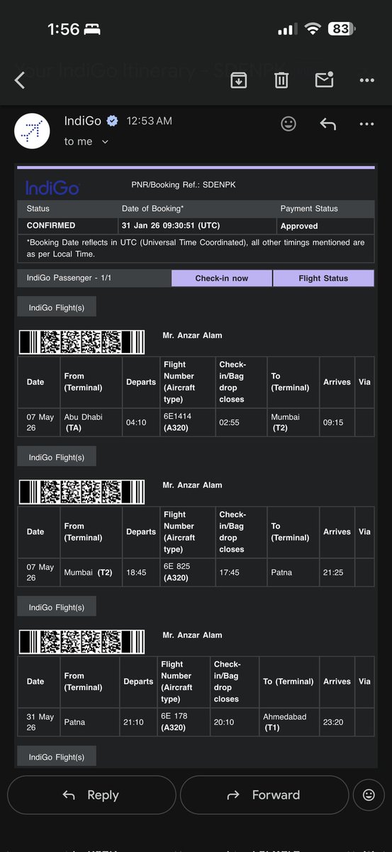 anzar98644's tweet photo. Hi @IndiGo6E I've booked ticket from AUH to PAT, a total journey of 9 hours previously which I got to know today the flight is cancelled then I talk with customer care where he books another flight now this journey is around 16 hrs. Although he didn't suggested me best flight https://t.co/ch2MP3TVUP