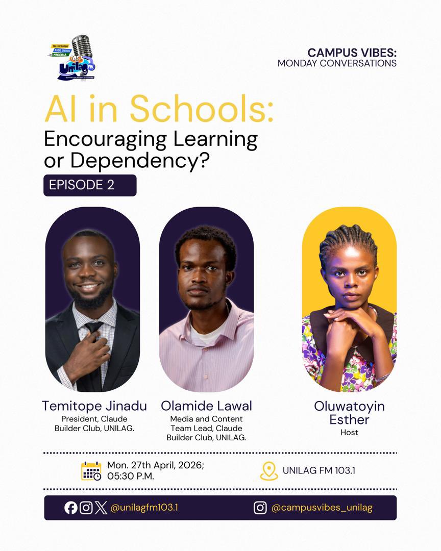 ClaudeBCUnilag's tweet image. Throwback to Monday's Campus Vibes on @unilagfm_1031. Our president Temitope Jinadu &amp;amp; Media Lead Olamide Lawal joined Oluwatoyin Esther in the studio to talk AI in schools. The consensus? AI is an enhancer, not a replacement! 🧡
#ClaudeAI #BuildWithClaude #unilag #cbcunilag