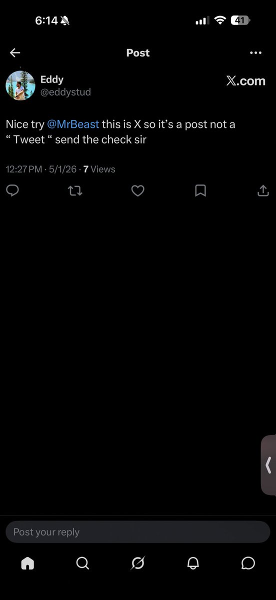 eddystud's tweet photo. @MrBeast 0 likes…. Where’s my milly $$$ https://t.co/eniEv0dbuO